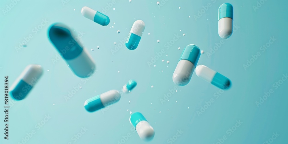 Cinematic pills falling through the air, captured in motion Cinematic pills falling through the air, captured in motion