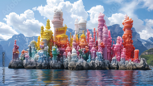 A surreal landscape featuring colorful, bubble-like structures resembling a fantastical cityscape on a rocky island, with mountains and a partly cloudy sky in the background. photo