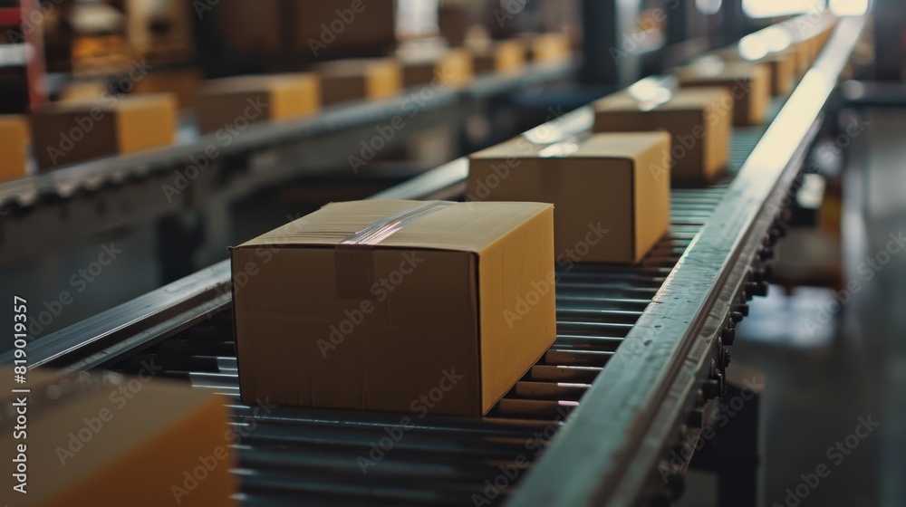 Close-up of several cardboard boxes moving on a conveyor belt in a warehouse fulfillment center, capturing the efficiency and speed of modern logistics Close-up of several cardboard boxes moving on a conveyor belt in a warehouse fulfillment center, capturing the efficiency and speed of modern logistics