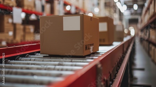 Close-up of several cardboard boxes moving on a conveyor belt in a warehouse fulfillment center, capturing the efficiency and speed of modern logistics
