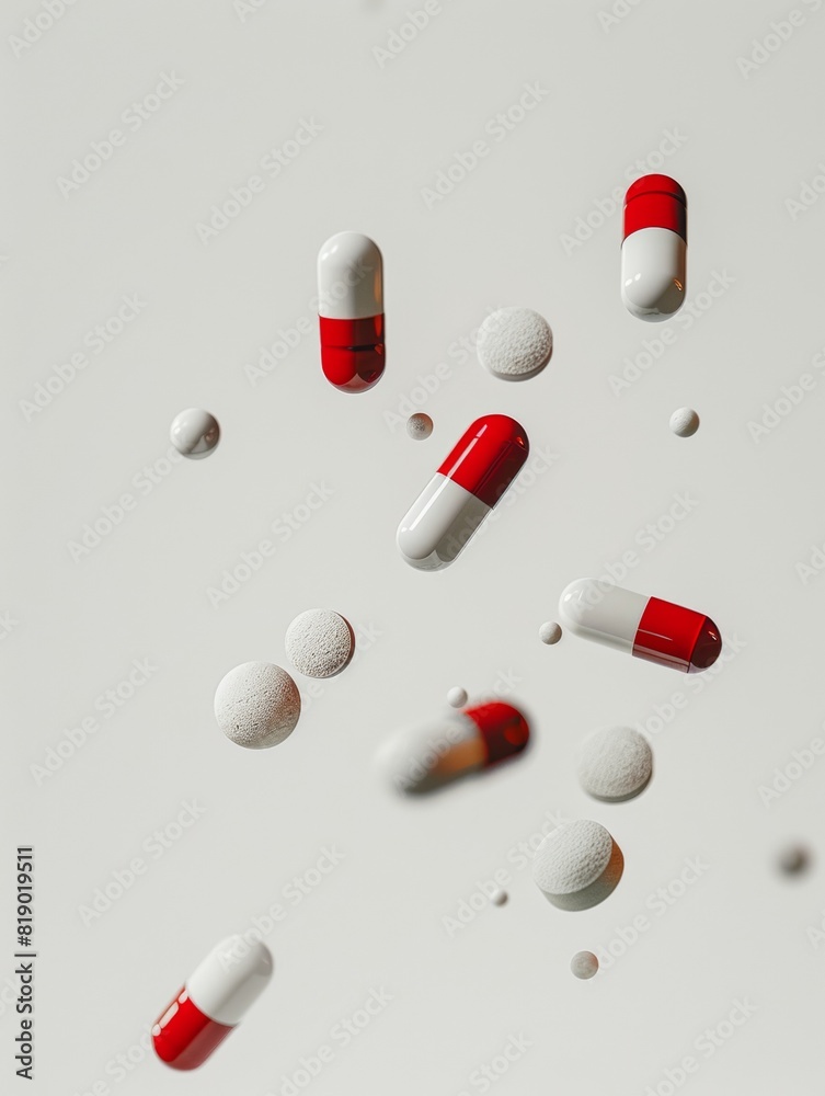 Cinematic pills falling through the air, captured in motion Cinematic pills falling through the air, captured in motion