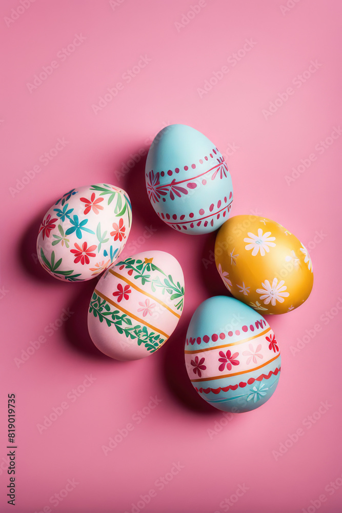 Handmade decorated Easter eggs on pink background Handmade decorated Easter eggs on pink background