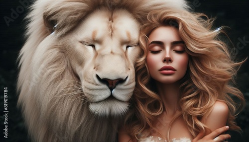 A Tranquil Moment of Unity and Trust Between a Majestic White Lion and a Graceful Woman, Capturing the Essence of Beauty and Peace