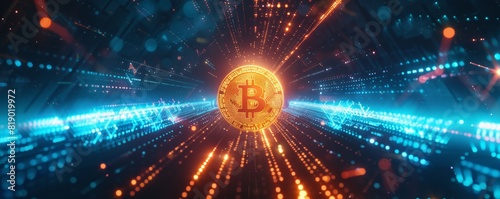 A futuristic digital background with glowing bitcoin coins floating in the center.