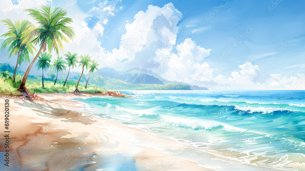 Refreshing oasis: watercolor palm trees on a tropical beach