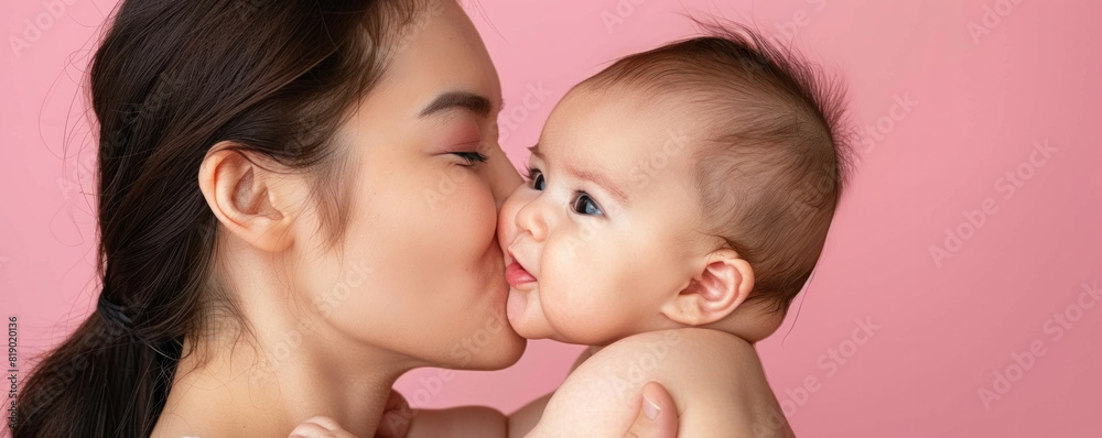 A woman is kissing a baby on the face. The woman is holding the baby close to her chest A woman is kissing a baby on the face. The woman is holding the baby close to her chest