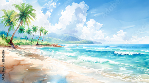 Refreshing oasis  watercolor palm trees on a tropical beach