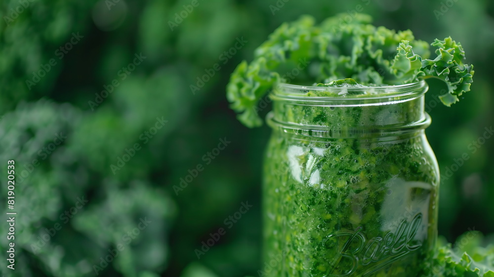 Green smoothie in a mason jar with kale, spinach, banana, and almond milk. Green smoothie in a mason jar with kale, spinach, banana, and almond milk.