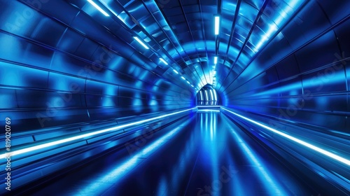 captivating blue LED light tunnel, with a blend of sharp lines and smooth reflections creating a futuristic scene