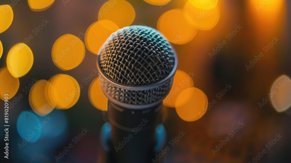 Close-up of a microphone with a bokeh background, capturing the ambiance of a business seminar Close-up of a microphone with a bokeh background, capturing the ambiance of a business seminar