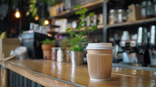 Take away hot coffee paper cup to consumer standing behind bar counter at cafe restaurant.  