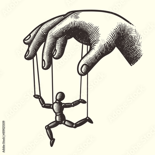 hand controlling a puppet vintage illustration