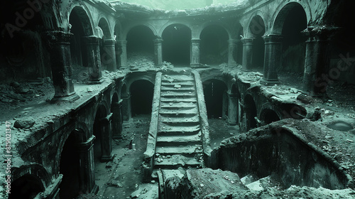 A haunting image of an abandoned, dilapidated building with a grand staircase and multiple archways. The structure is in ruins, with debris scattered around and an eerie greenish tint. photo