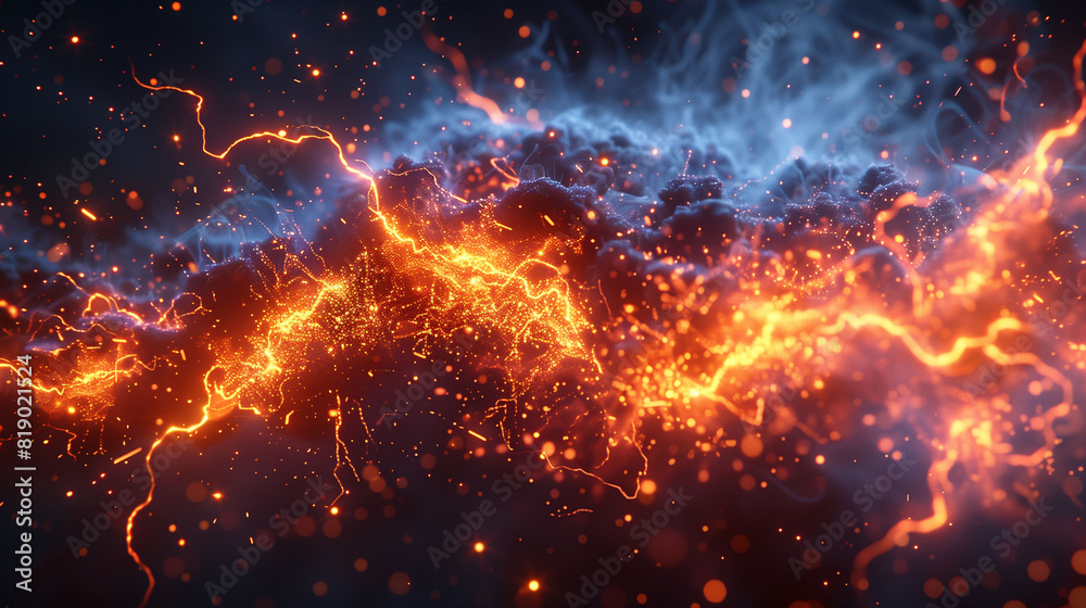 Abstract digital art depicting a dynamic and vibrant energy flow with bright orange and blue electric currents and sparks against a dark background.