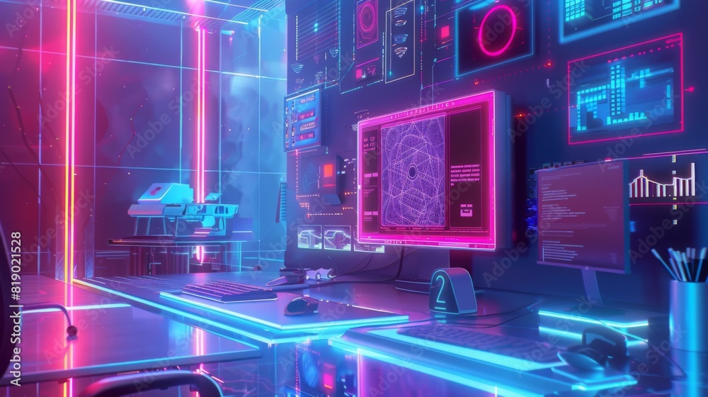 A futuristic workspace with a holographic 3D printer creating intricate designs, in a vibrant, creative style A futuristic workspace with a holographic 3D printer creating intricate designs, in a vibrant, creative style