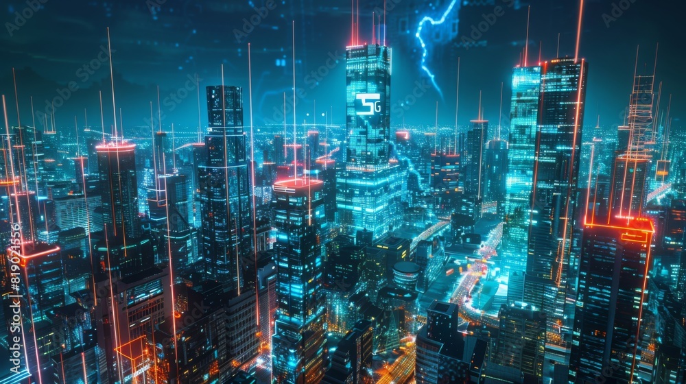 A bustling cityscape at night with glowing lines representing high-speed 5G connectivity, in a vibrant, neon style. A bustling cityscape at night with glowing lines representing high-speed 5G connectivity, in a vibrant, neon style.