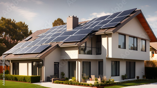 A state-of-the-art panel-based solar energy system, designed with elegant, interlocking modules and cutting-edge technology components, elegantly installed in a modern residential home. © SeamlessLooPanda