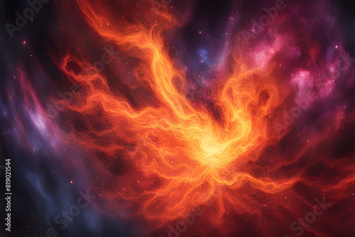 A vibrant depiction of fire sparks and smoke in a cosmic setting