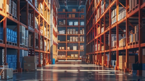 Close-up of a modern warehouse, towering shelves, numerous cardboard boxes upfront, detailed realism, vibrant lighting photo