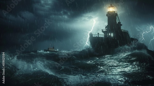 Close-up of a lighthouse illuminated against the stormy night sky, boat navigating turbulent waters towards it, rain and lightning adding drama photo