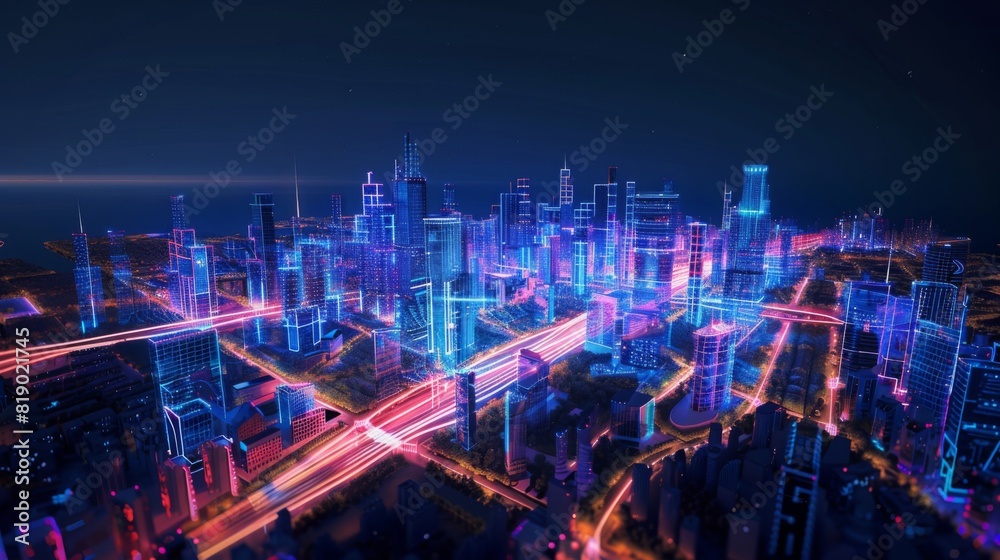 Fototapeta premium A digital twin of a city, showing real-time data and simulations for urban planning, in a vibrant, high-tech style --ar 16:9 --style raw Job ID: 0106d984-0ec0-46f8-b674-8efbc3805acc