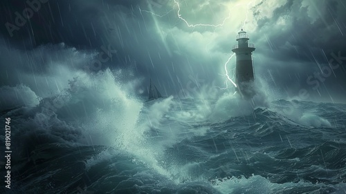 Close-up of a lighthouse during a fierce storm, boat struggling towards it through high waves, stormy sky with lightning enhancing the scene