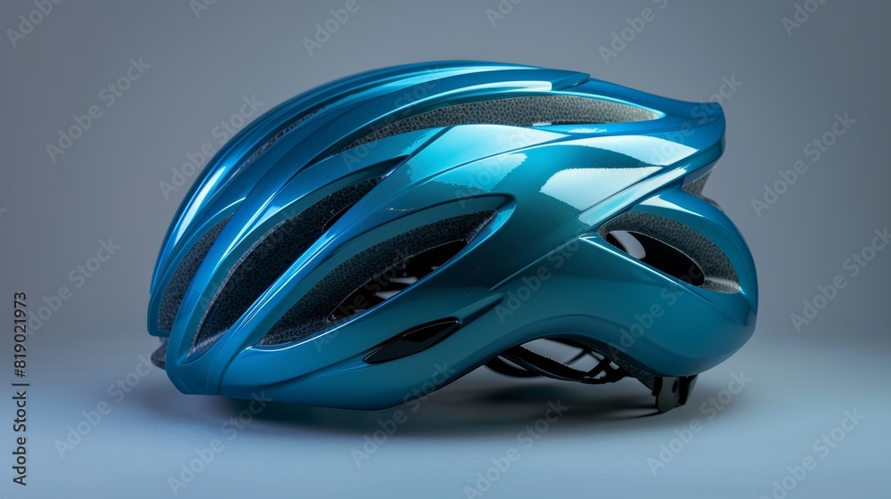 Close-up of a blue bicycle helmet, sleek design, sharp focus, isolated background, studio lighting, side view