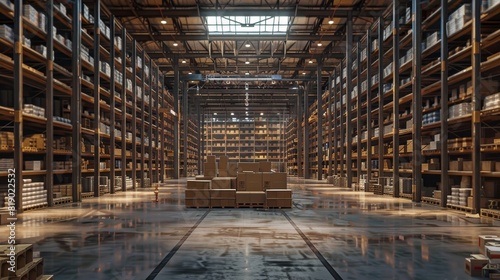 A vast warehouse interior featuring high storage racks, with a large number of cardboard boxes prominently in the foreground, raw and detailed photo