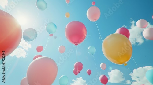 A lively assortment of round balloons in various shades, floating up into a serene and cloudless sky, viewed from below