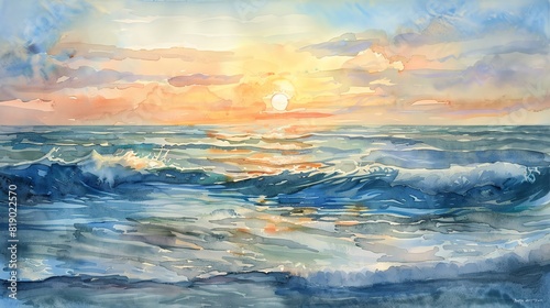Peaceful sunset over a calm ocean  with gentle waves  in watercolor