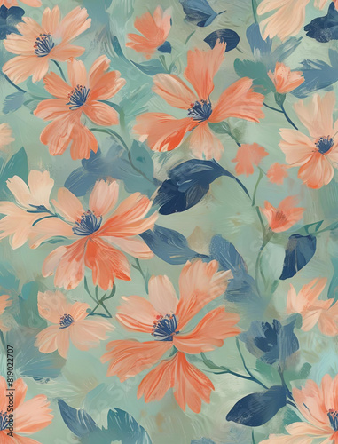 Abstract Matisse Style Blue and Coral Flowers on Mint Background Gen AI