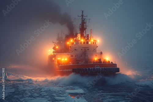 Icebreaker Ship in Arctic Waters An icebreaker ship forging through icy Arctic waters, demonstrating its capability to navigate through frozen expanses