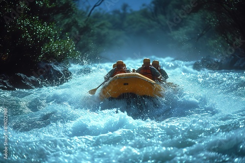 Inflatable Rafting Adventure An inflatable raft navigating through thrilling rapids, showcasing the excitement of whitewater rafting