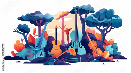 An imaginative landscape where musical instruments grow like trees, representing the harmony of nature and music photo