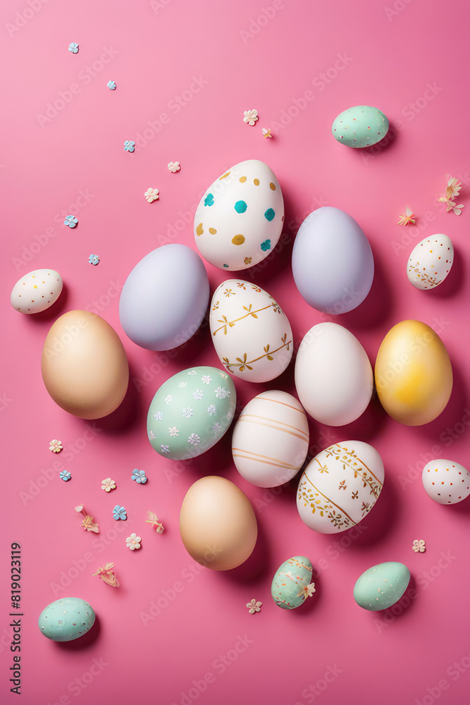 Handmade decorated Easter eggs on pink background
