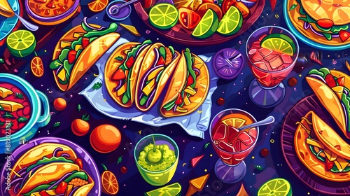 Comics of A colorful Mexican fiesta table with tacos  guacamole  salsa  and margaritas