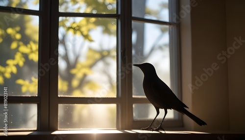 A sunny day with sunlight reflecting on a window, and the blurred silhouette of a bird outside