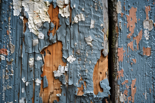 Close up of peeling paint on an old wooden wall, with a grey, blue colors photo