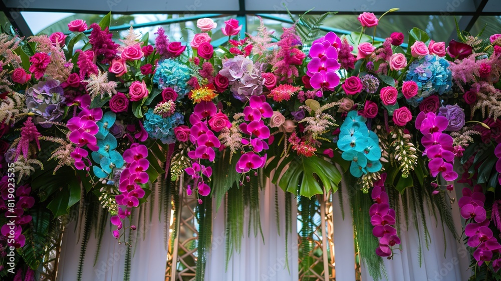 Tropical flowers in shades of fuchsia purple and turquoise cascade down the sides of the podium creating a striking and memorable. - 