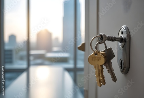 A set of house keys hanging on a door handle in an office setting, with a blurred background of a window and cityscape