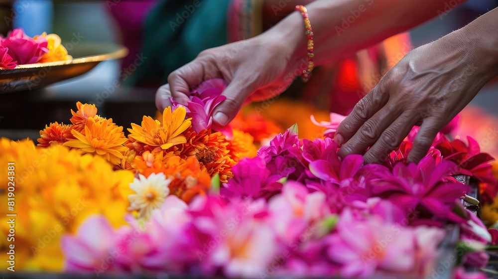 Hands placing vibrant flowers in front of a temple altar, symbolizing devotion on Magha Bucha Day Hands placing vibrant flowers in front of a temple altar, symbolizing devotion on Magha Bucha Day