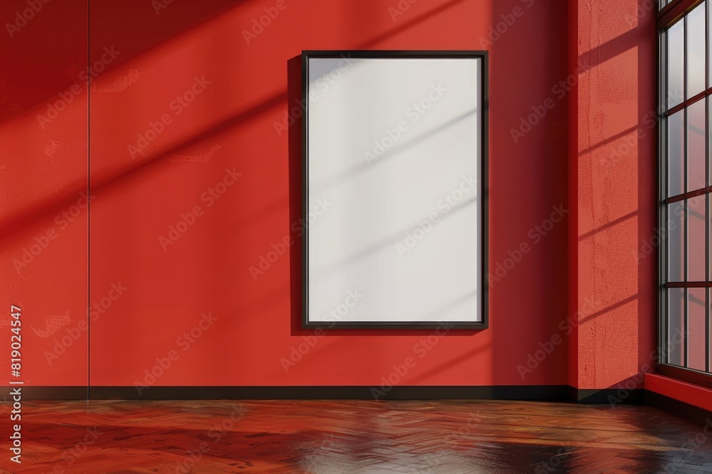 Close-up layout of poster frame in empty interior, 3d visualization, Red background Close-up layout of poster frame in empty interior, 3d visualization, Red background