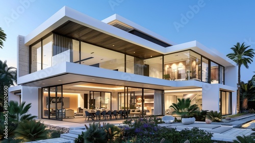 Luxurious modern house exterior with dining space and garde 