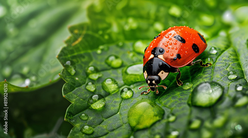 Close-up of a beetle or ladybird navigating through water droplets on a lush green leaf