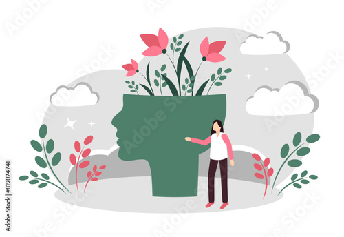 Personal growth. Head with flowers. Mental health and mental balance. Positive thinking