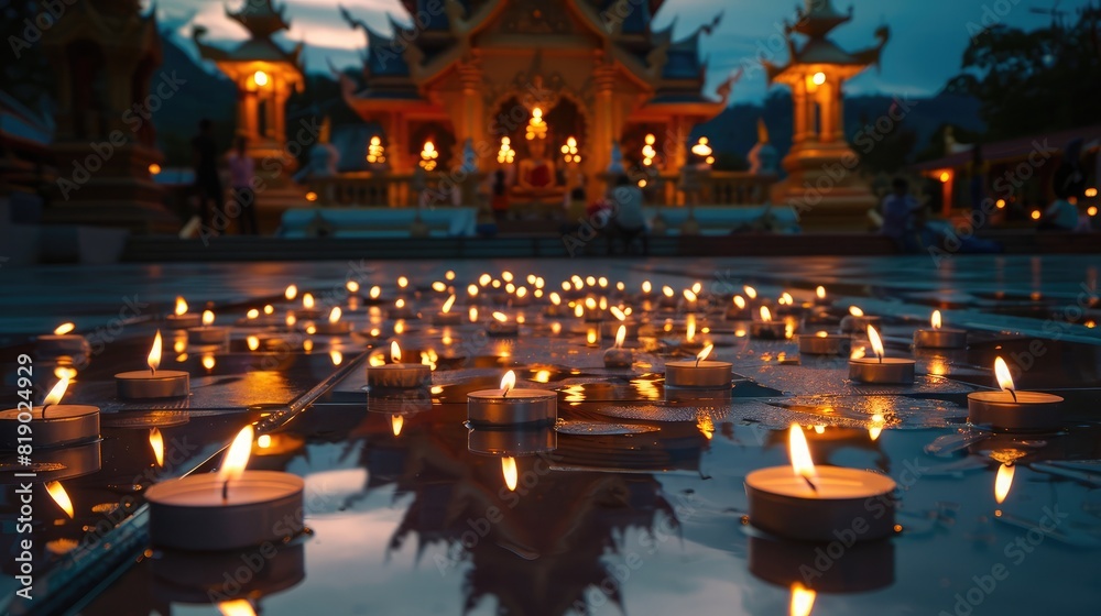 Lit candles illuminating a temple courtyard during the serene evening of Visakha Bucha Day, with devotees praying in the background Lit candles illuminating a temple courtyard during the serene evening of Visakha Bucha Day, with devotees praying in the background