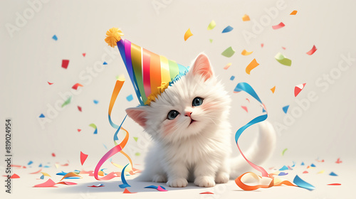 A fluffy white cat wearing a miniature rainbow pride hat sits playfully batting at a string toy with colorful streamers. 