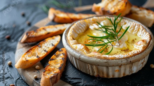 Artisan baked camembert cheese, accompanied by perfectly grilled toasts and fresh baguette slices, isolated background, studio lighting