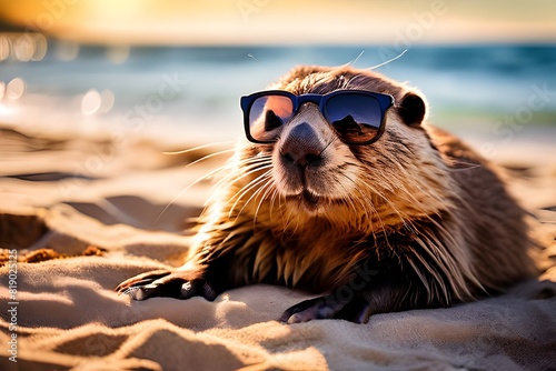 A beaver wearing sunglasses enjoying a sunny day at the beach © Zyariss