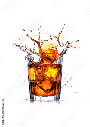 Jack Daniels with Coke and Ice Drink with Splashing Liquid on White Background: Dynamic and Refreshing Explosion of Classic Flavors
